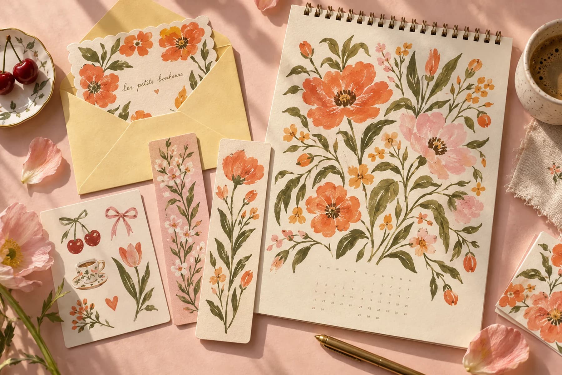 Une enveloppe et des surprises papier fleuries — illustration du concept Mail Club