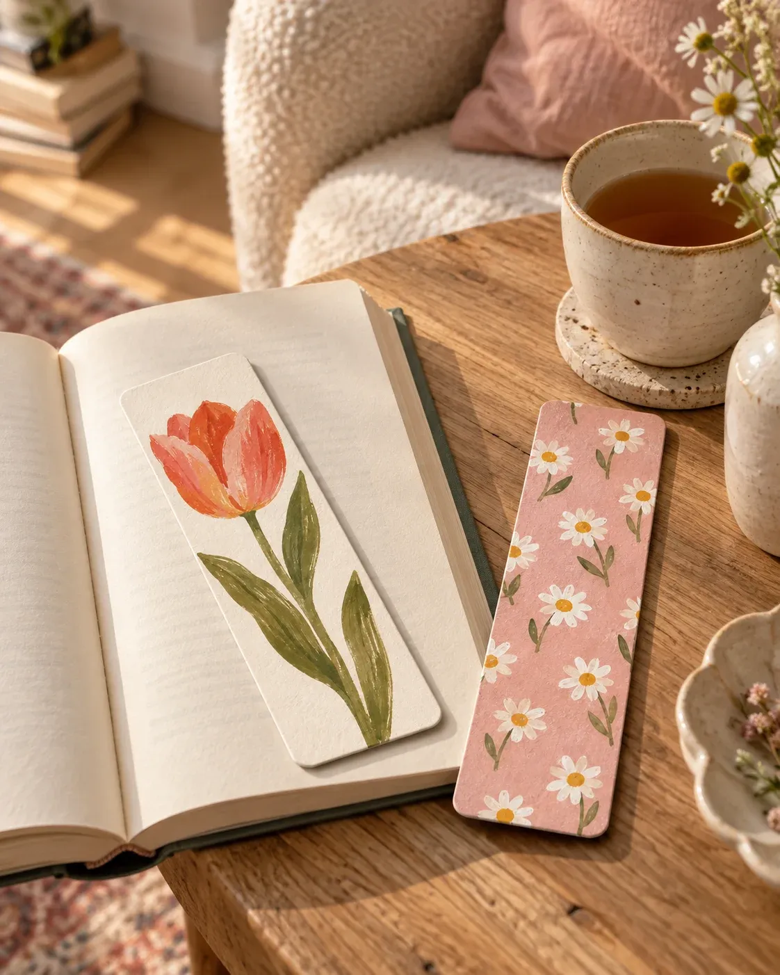 Marque-pages fleuris et livre dans un coin lecture ensoleillé — mise en scène illustrative