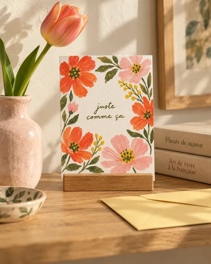Carte Juste comme ça exposée sur une étagère près d’un vase — mise en scène illustrative