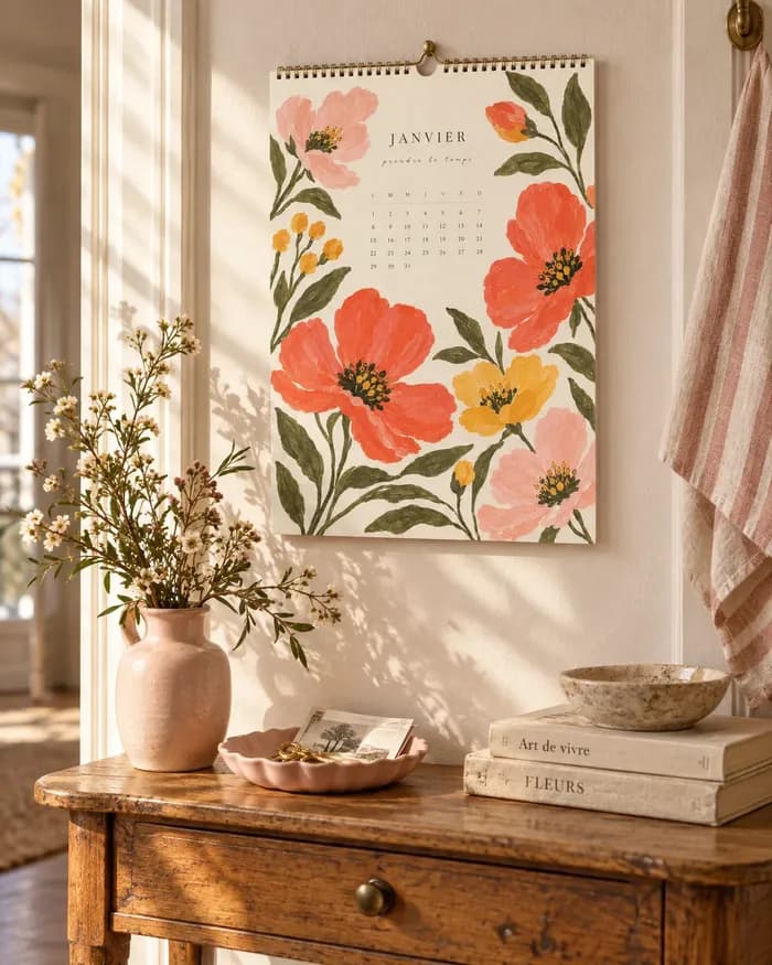 Calendrier fleuri au-dessus d’une console dans une entrée — mise en scène illustrative