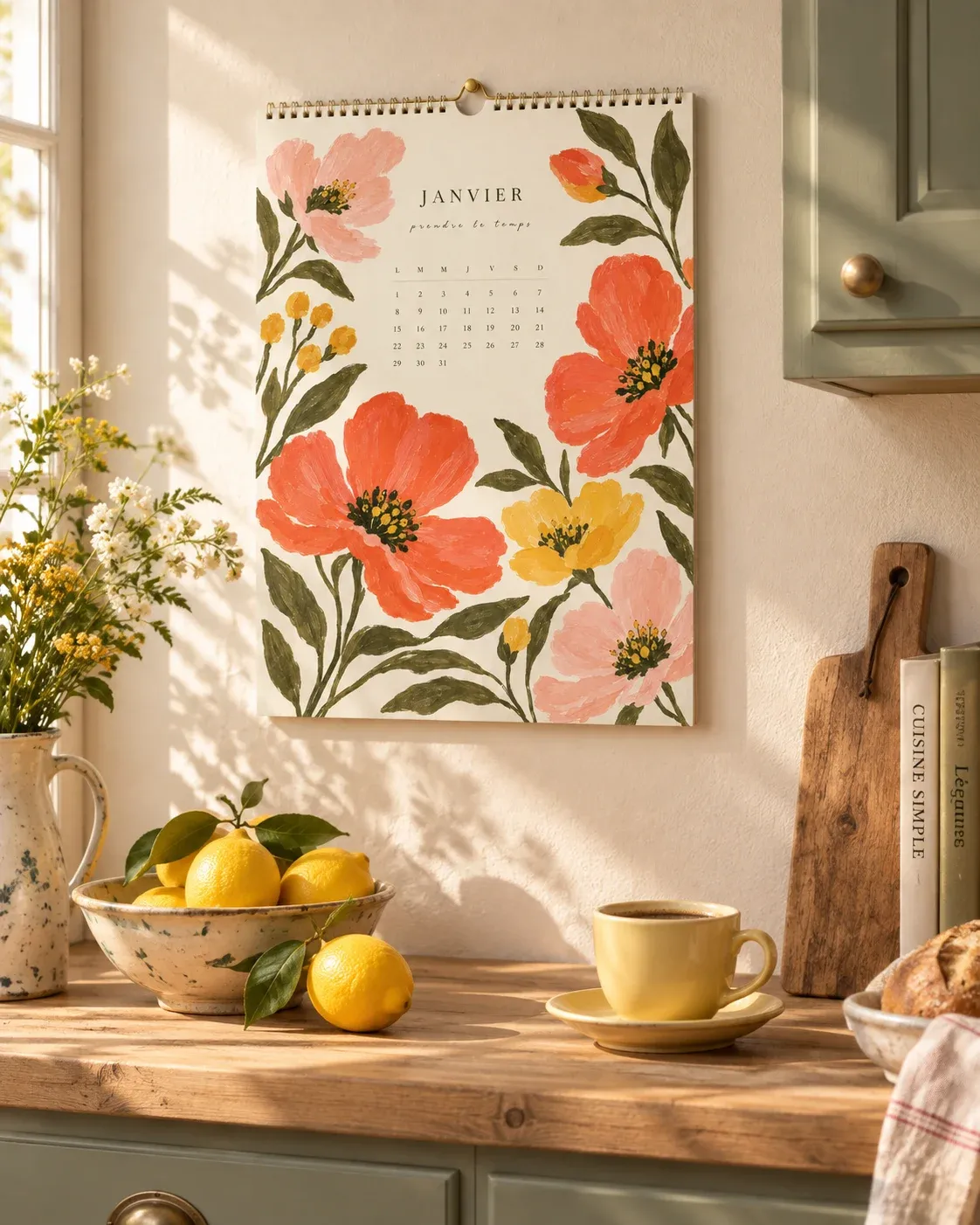 Calendrier fleuri dans une cuisine lumineuse — mise en scène illustrative