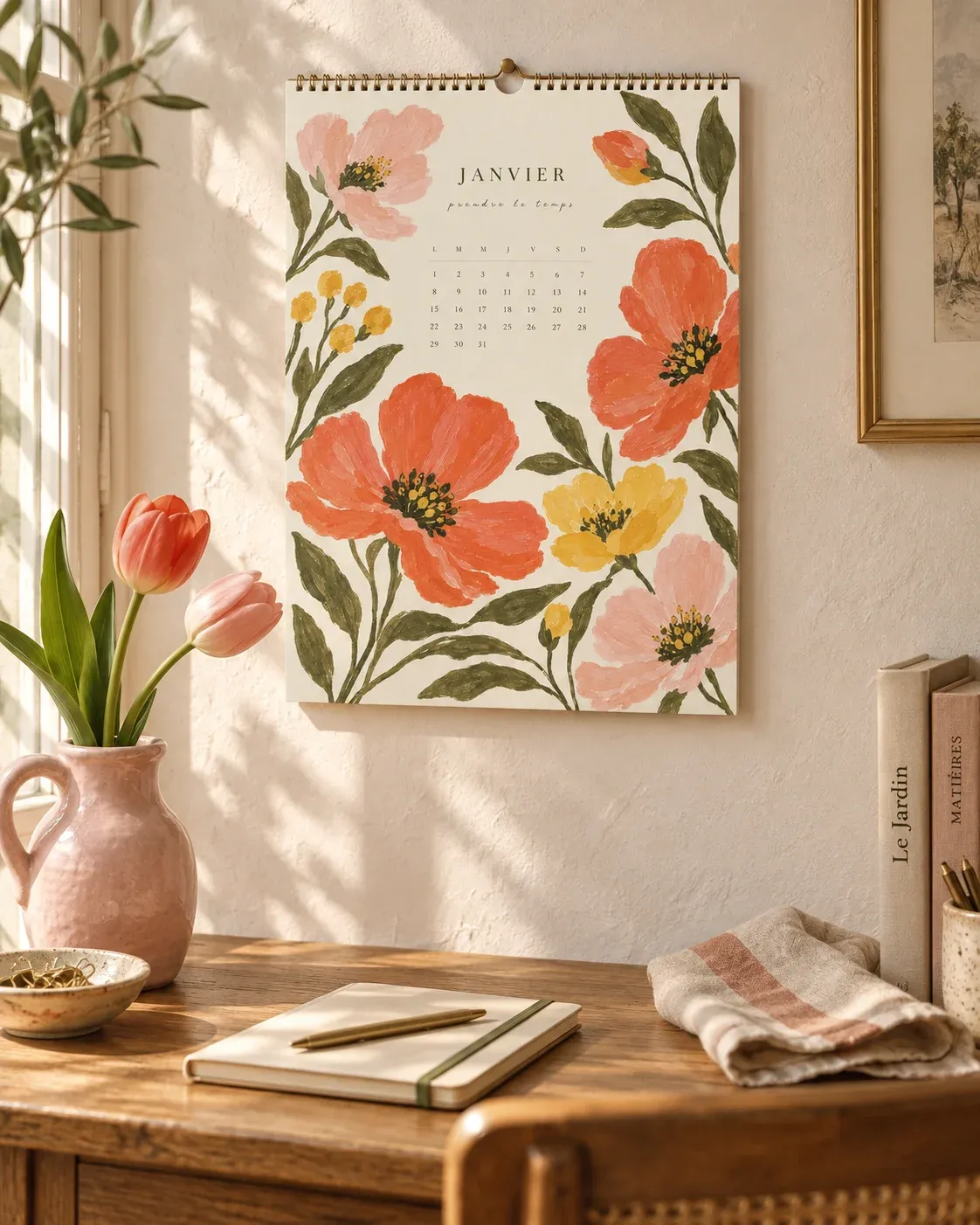 Calendrier Pétales au-dessus d’un bureau en bois clair — mise en scène illustrative