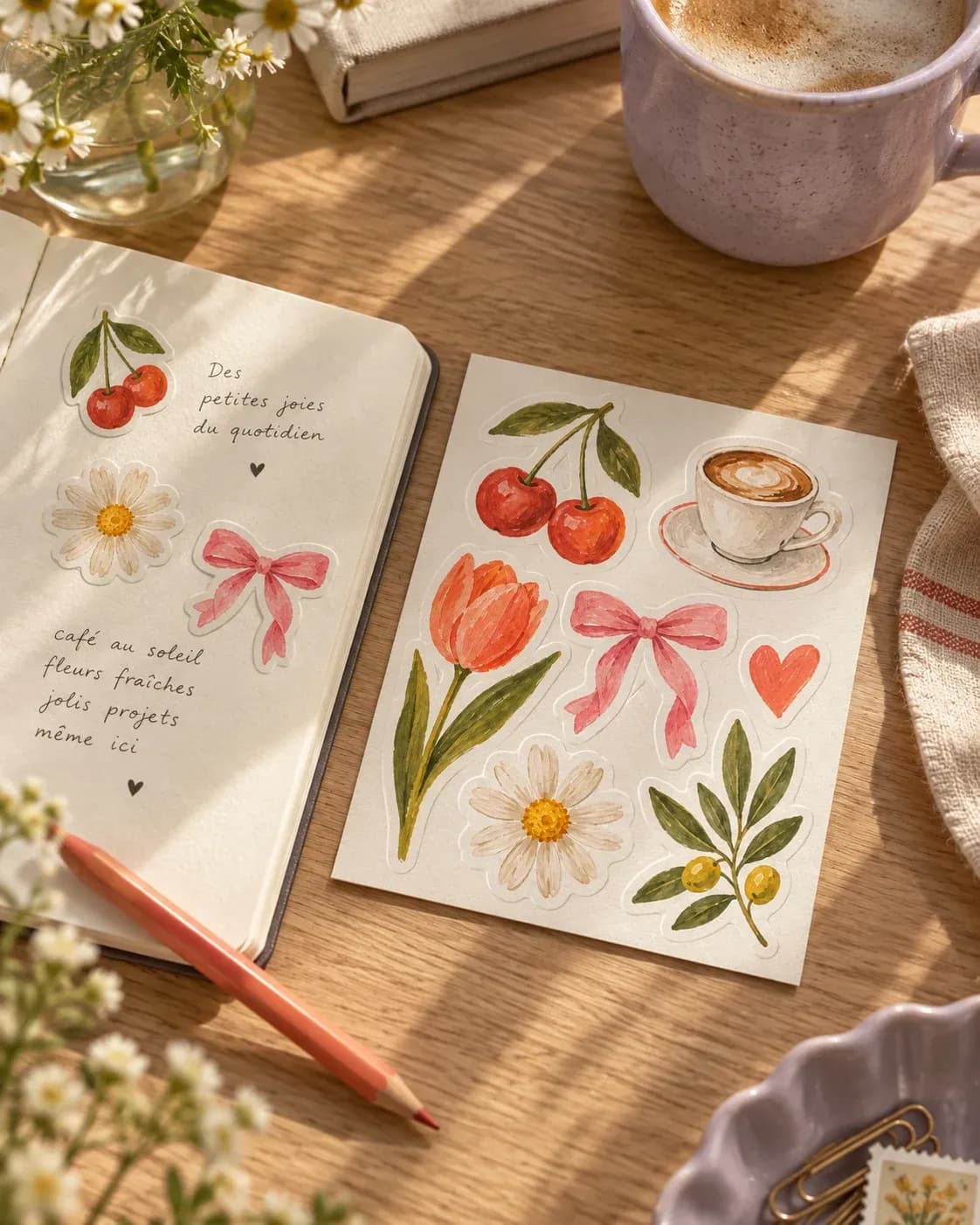 Stickers fleuris et carnet créatif sur un bureau à la maison — mise en scène illustrative