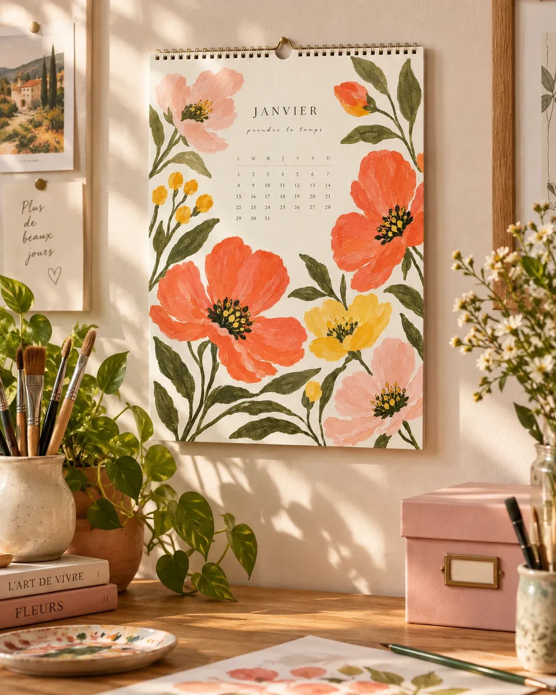 Calendrier fleuri dans un coin créatif à la maison — mise en scène illustrative